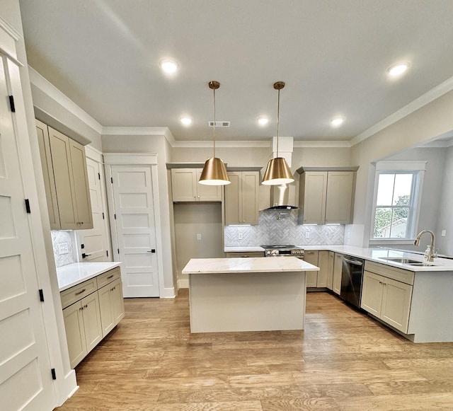 kitchen featuring a center island, dishwashing machine, decorative backsplash, sink, and decorative light fixtures