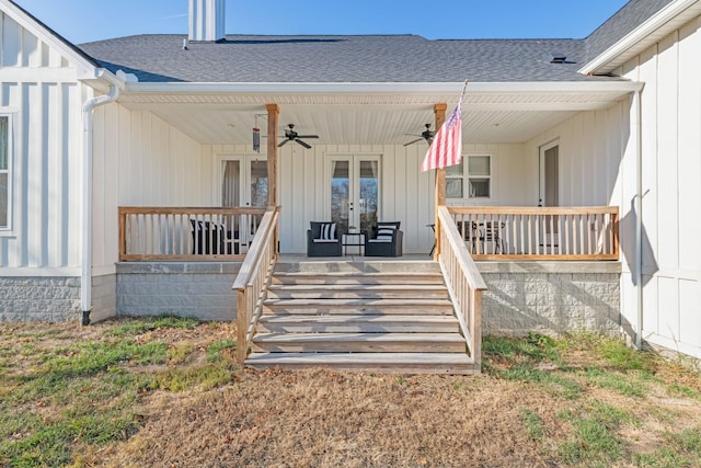 property entrance with ceiling fan, a porch, and french doors