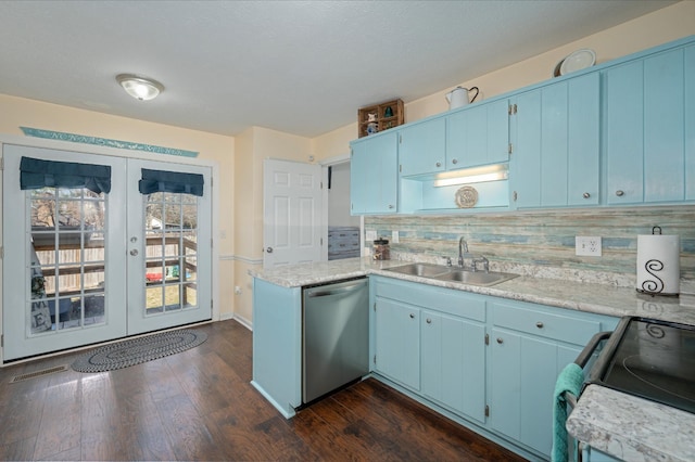 kitchen with sink, blue cabinets, tasteful backsplash, stainless steel dishwasher, and dark hardwood / wood-style floors