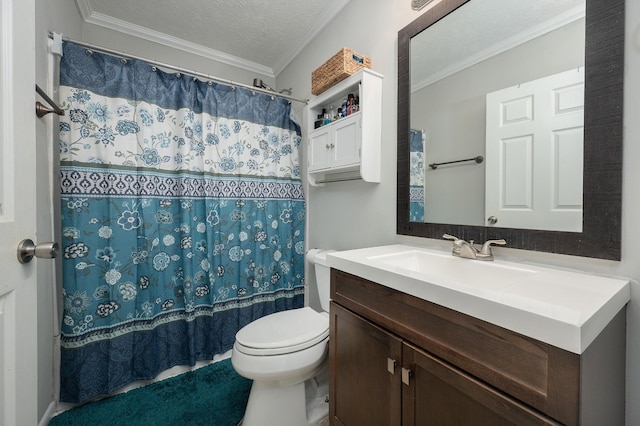 bathroom with curtained shower, a textured ceiling, ornamental molding, toilet, and vanity