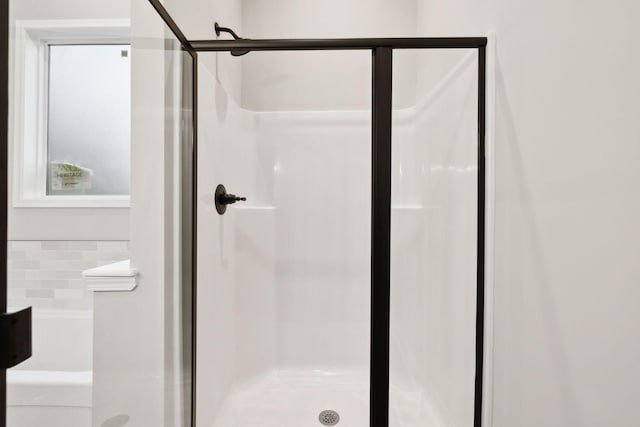 bathroom with a shower with shower door