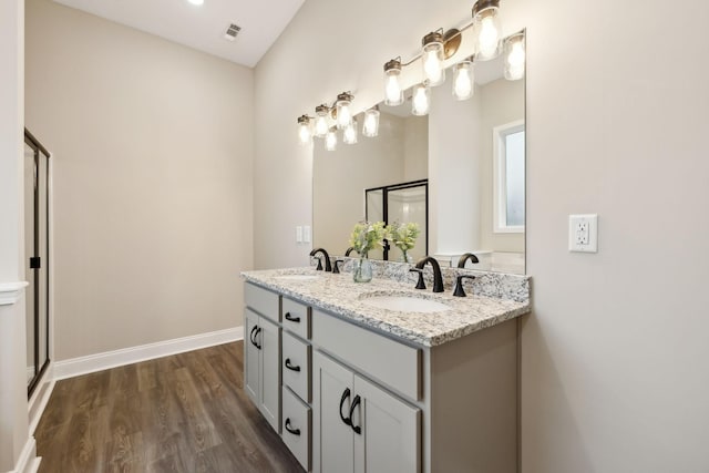 bathroom featuring vanity, wood-type flooring, and a shower with door