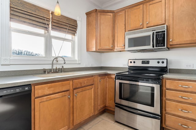 kitchen with dishwasher, stainless steel electric range, sink, crown molding, and light tile patterned floors