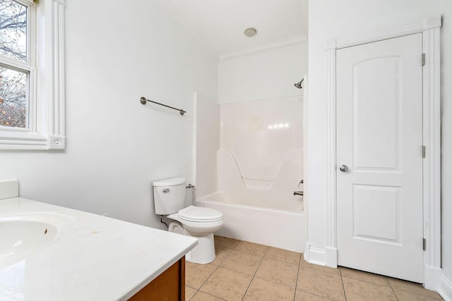 full bathroom with vanity, tile patterned floors, crown molding, toilet, and shower / bath combination