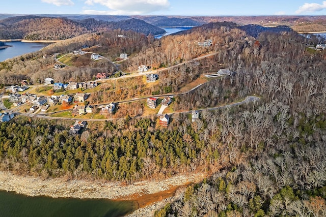 bird's eye view with a water and mountain view