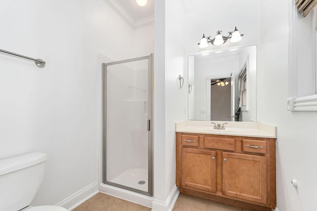 bathroom featuring tile patterned flooring, toilet, a shower with door, and ornamental molding