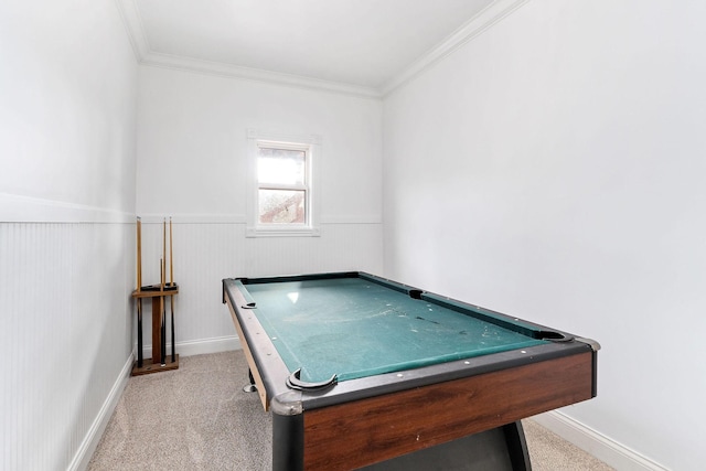 game room featuring light carpet, ornamental molding, and pool table