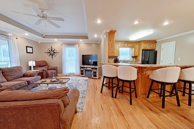 living room featuring ceiling fan, light wood-type flooring, ornamental molding, and a tray ceiling