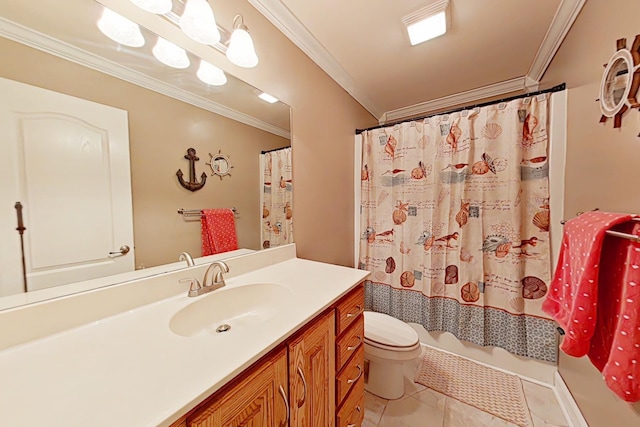 full bathroom featuring shower / bath combo with shower curtain, vanity, toilet, and crown molding