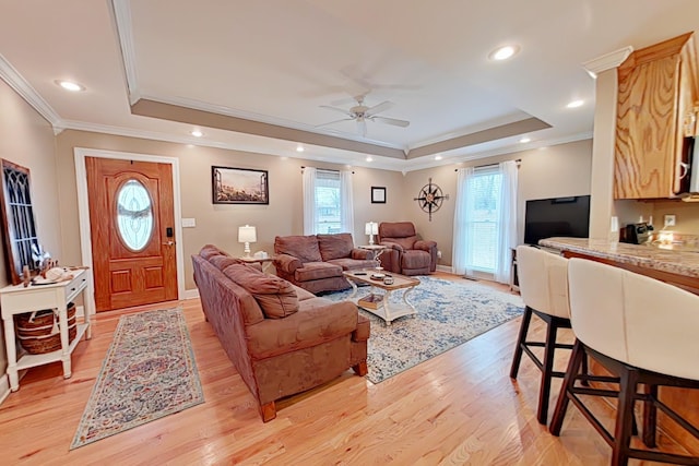 living room featuring a healthy amount of sunlight, a raised ceiling, and crown molding