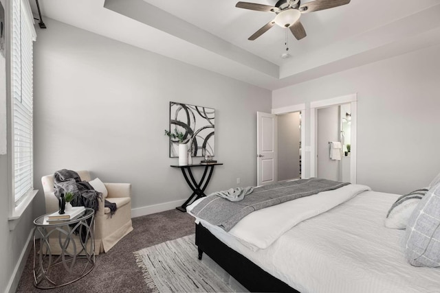 bedroom featuring a raised ceiling, ceiling fan, and carpet