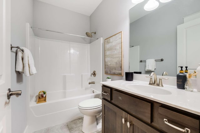 full bathroom with toilet, vanity, tile patterned floors, and shower / bathtub combination