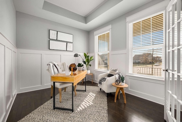 office area featuring a tray ceiling and dark wood-type flooring