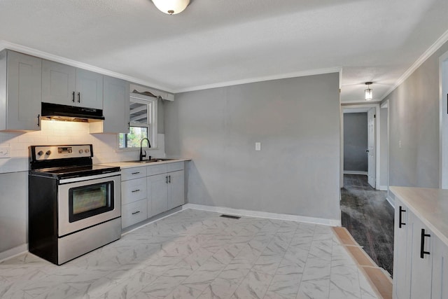 kitchen with sink, backsplash, crown molding, gray cabinets, and stainless steel range with electric cooktop