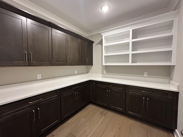 kitchen featuring crown molding, dark brown cabinets, and light hardwood / wood-style flooring