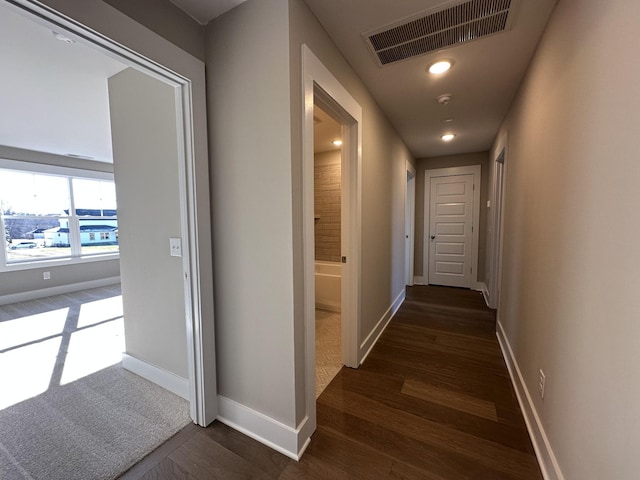 corridor with dark hardwood / wood-style flooring