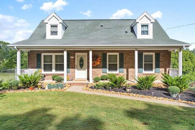 cape cod home featuring a front yard and a porch