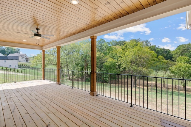 deck with ceiling fan and a lawn