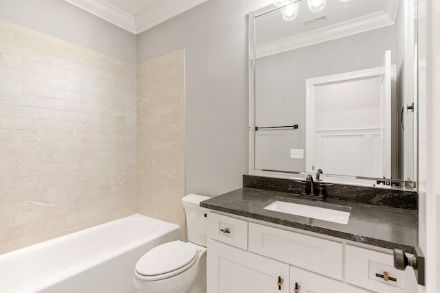 full bathroom featuring vanity, toilet, shower / bath combination, and crown molding