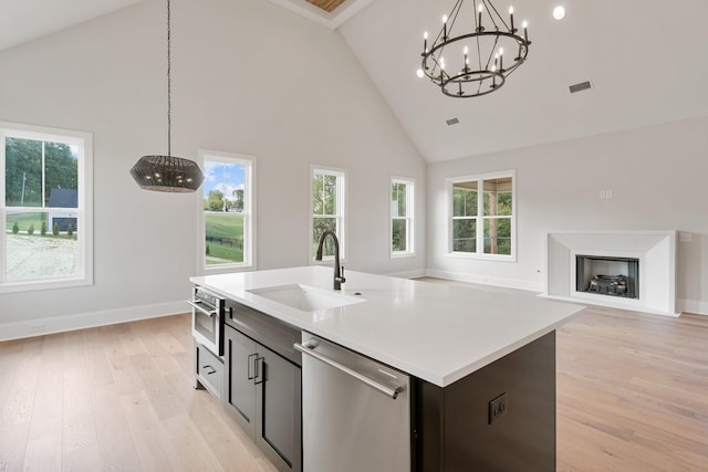 kitchen featuring stainless steel appliances, sink, a center island with sink, high vaulted ceiling, and plenty of natural light