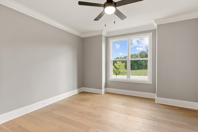 empty room with crown molding, light hardwood / wood-style flooring, and ceiling fan