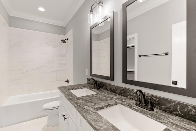 full bathroom featuring tiled shower / bath combo, tile patterned floors, toilet, vanity, and ornamental molding