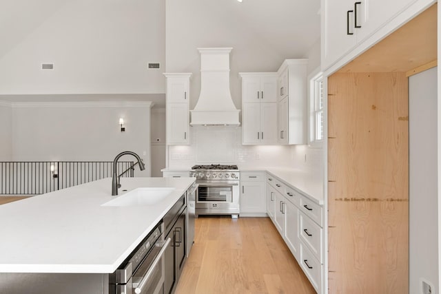 kitchen featuring premium range hood, white cabinetry, sink, and stainless steel appliances