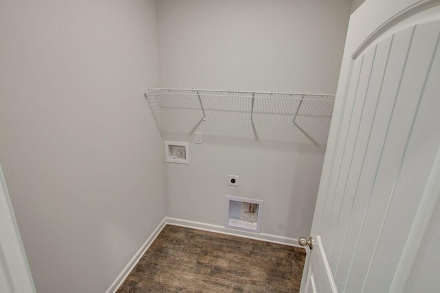 clothes washing area with hookup for an electric dryer, hookup for a washing machine, and dark hardwood / wood-style flooring