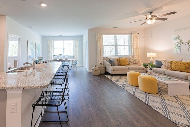 living room featuring ceiling fan, sink, and dark wood-type flooring