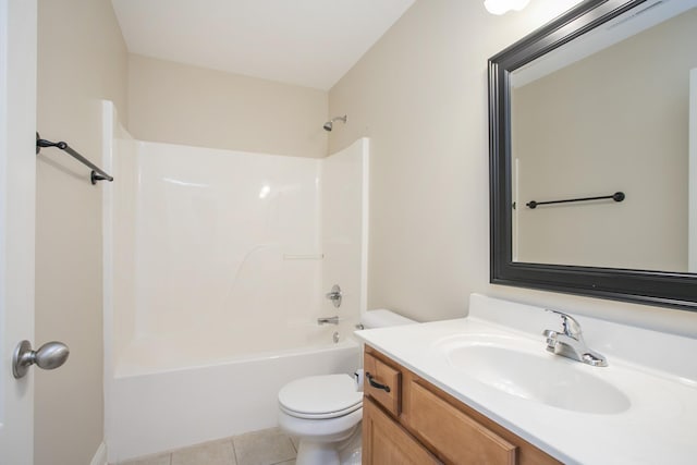 full bathroom with tile patterned flooring, vanity,  shower combination, and toilet