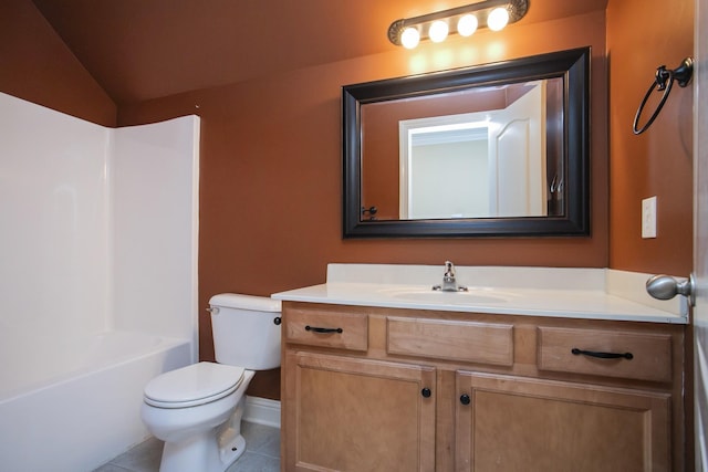 full bathroom with tile patterned floors, lofted ceiling, toilet, shower / tub combination, and vanity