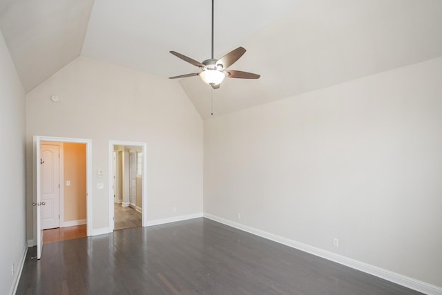 empty room with high vaulted ceiling, ceiling fan, and dark wood-type flooring