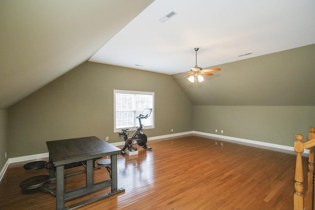 additional living space with ceiling fan, vaulted ceiling, and hardwood / wood-style flooring