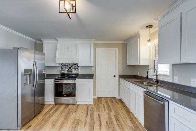 kitchen featuring custom exhaust hood, sink, hanging light fixtures, stainless steel appliances, and white cabinets