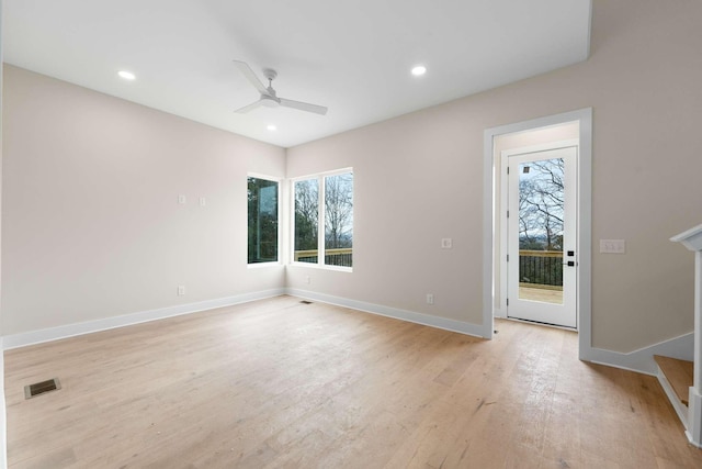 entrance foyer with light wood-type flooring and ceiling fan