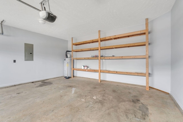 garage with electric panel, water heater, and a garage door opener