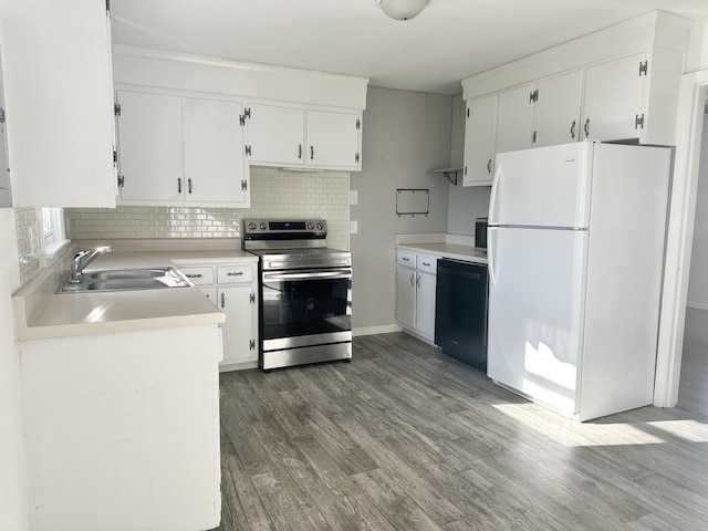 kitchen featuring dishwasher, white cabinets, white refrigerator, sink, and electric range