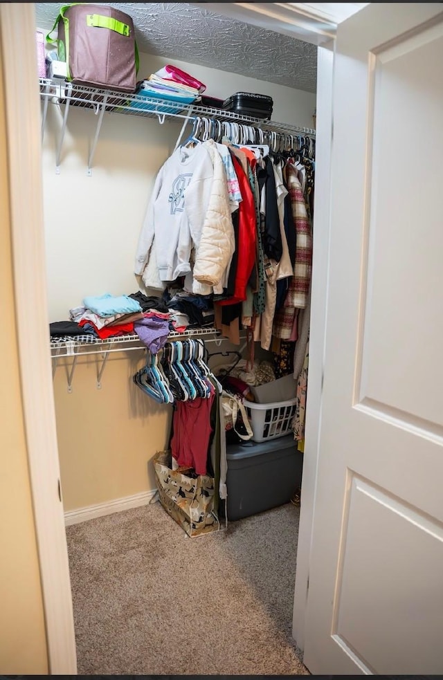 walk in closet with carpet