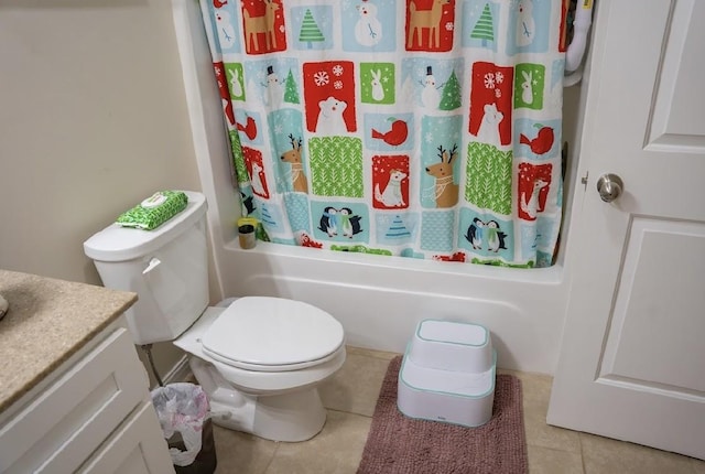 full bathroom with tile patterned flooring, vanity, toilet, and shower / tub combo with curtain