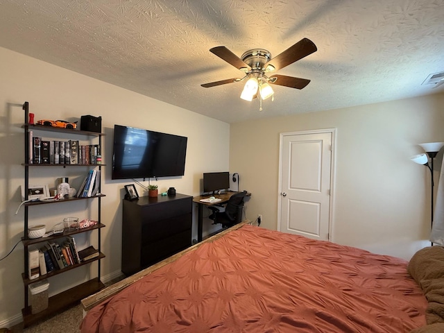 bedroom featuring visible vents, ceiling fan, and a textured ceiling