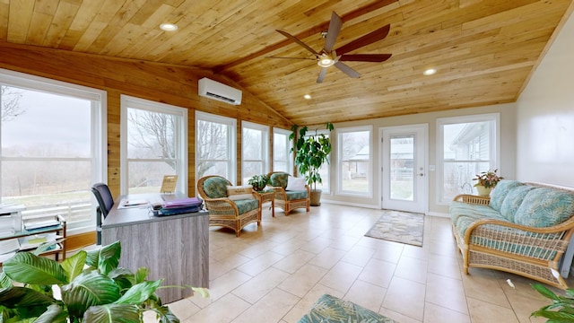 sunroom featuring ceiling fan, wood ceiling, vaulted ceiling, and an AC wall unit