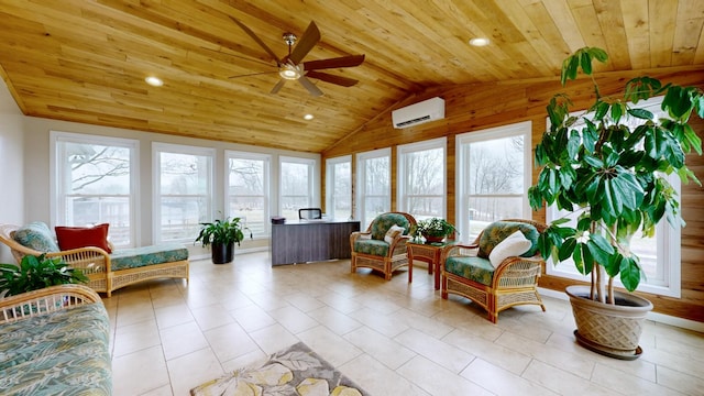 sunroom / solarium with a wall unit AC, wooden ceiling, and vaulted ceiling