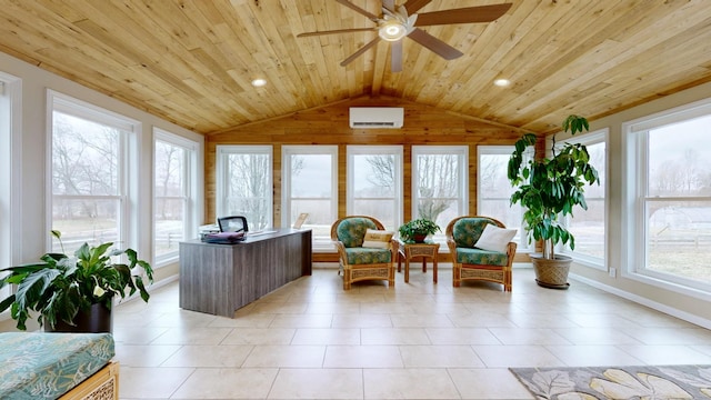 sunroom / solarium featuring ceiling fan, wooden ceiling, and a wealth of natural light