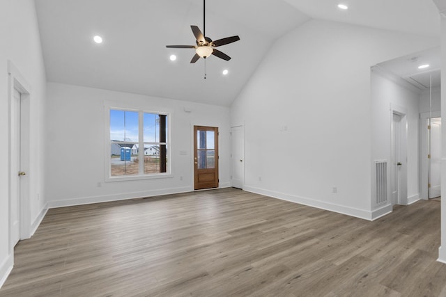 unfurnished living room with high vaulted ceiling, light hardwood / wood-style flooring, and ceiling fan