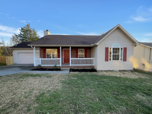 ranch-style home with a porch, a front yard, and a garage