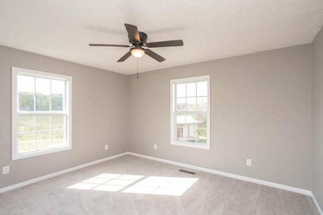 unfurnished room featuring a textured ceiling, ceiling fan, light carpet, and a wealth of natural light