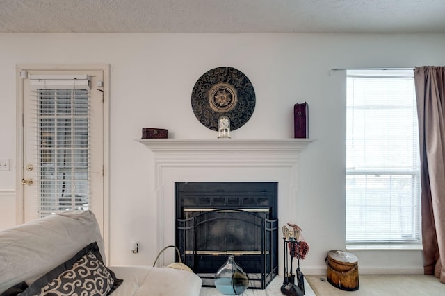 interior details with carpet floors and a textured ceiling