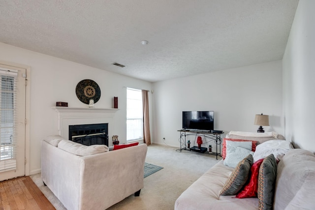 living room featuring a textured ceiling and light hardwood / wood-style floors