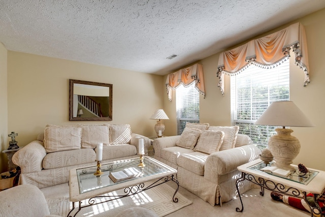 carpeted living room with a textured ceiling