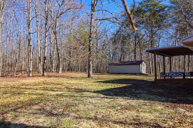 view of yard featuring a storage unit